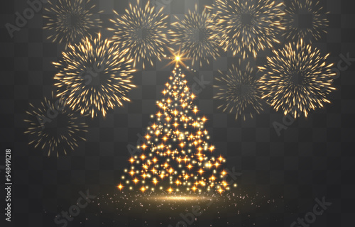 Festive fireworks with brightly shining sparks. Shiny Christmas tree. New Year's Eve fireworks. Realistic sparks and explosions. Vector isolated on png background.