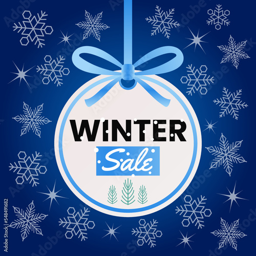 Winter Sale Tree Toy Blue Banner with Snowflakes background vector illustration