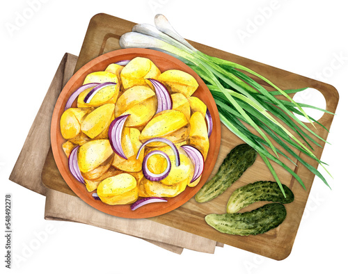 Fotografija German potato salad - Kartoffelsalat. Watercolor illustration
