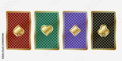 Four beautiful playing cards. The backside cards are green, red, black and magenta. Vector illustration on a white background.