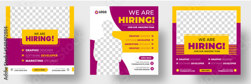 We are hiring job vacancy social media post banner design template with red color. We are hiring job vacancy square web banner design.