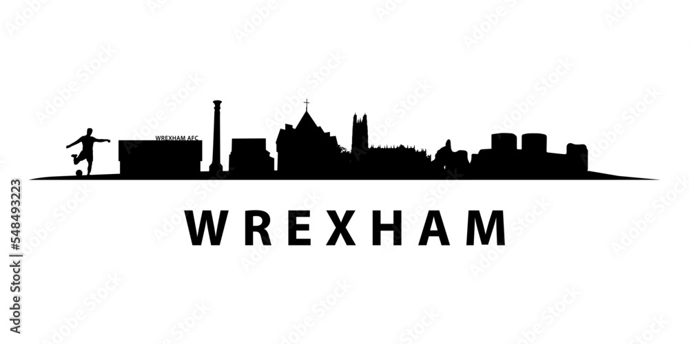 Wrexham Skyline City Landscape in Wales. Welsh Landmarks silhouettes in vector graphic.  Black and white design. Flat outline horizon artwork