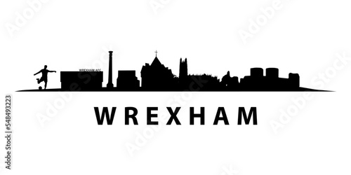 Wrexham Skyline City Landscape in Wales. Welsh Landmarks silhouettes in vector graphic. Black and white design. Flat outline horizon artwork