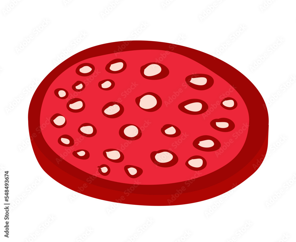 Fototapeta premium Piece of red salami sausage. Delicious meat product delicacy. Ingredient for cooking. Cartoon vector illustration isolated on white background