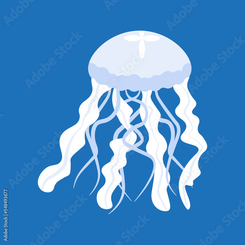 Cartoon Jellyfish in Flat style. Aquatic animal with long tentacles. Vector Isolated illustration on blue background. 