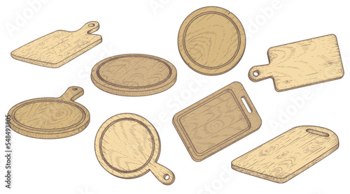 Cutting wooden boards set. Top view and perspective view. Various shapes. Vintage hand drawn sketch style. Vector illustrations.