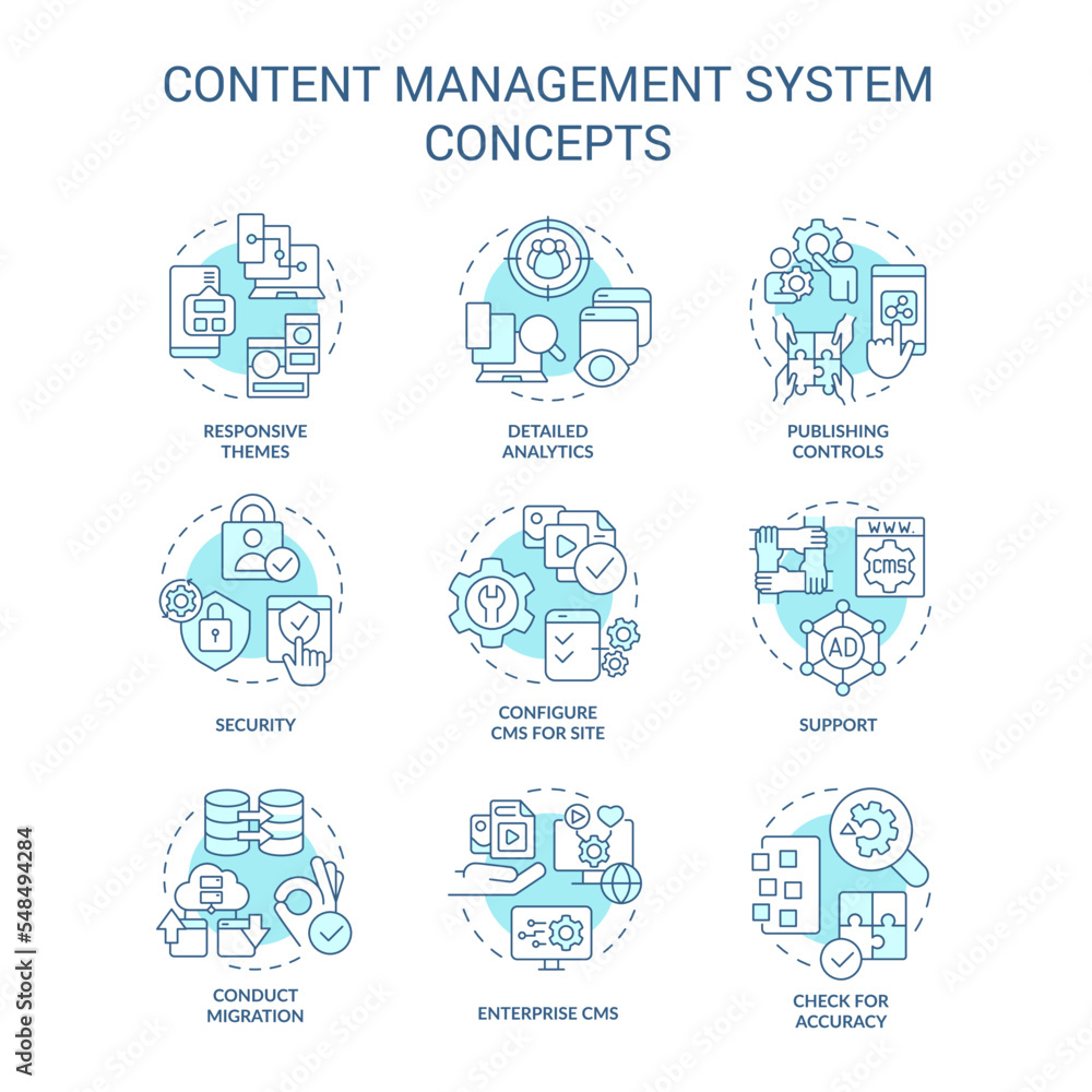 Content management system turquoise concept icons set. CMS aspects. Site platform idea thin line color illustrations. Isolated symbols. Editable stroke. Roboto-Medium, Myriad Pro-Bold fonts used