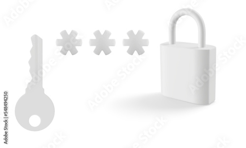 White 3d lock with key and password stars on white background