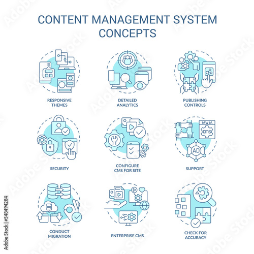 Content management system turquoise concept icons set. CMS aspects. Site platform idea thin line color illustrations. Isolated symbols. Editable stroke. Roboto-Medium, Myriad Pro-Bold fonts used
