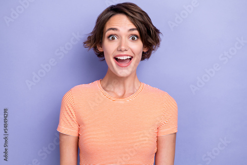 Bild auf Leinwand Closeup photo of young gorgeous lady wear pink striped t-shirt open mouth reacti