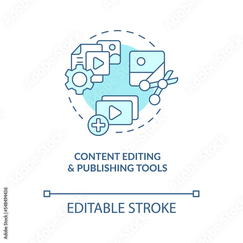Content editing and publishing tools turquoise concept icon. Social media abstract idea thin line illustration. Isolated outline drawing. Editable stroke. Arial, Myriad Pro-Bold fonts used