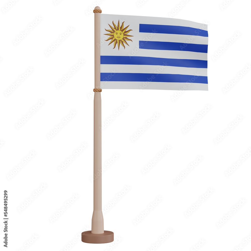 Fototapeta premium 3D rendering waving Uruguay flag on pole. PNG transparent background.