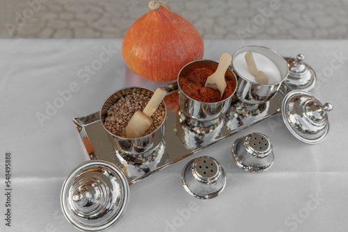 Traditional copper spice cruets photo