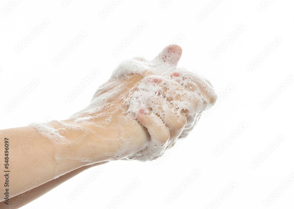 Woman washing nails on white background Woman washing nails on white background
