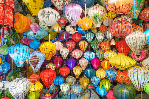 Colorful lanterns at night market in Hoi An ancient town in central Vietnam  landmark and popular for tourist attractions. Vietnam and Southeast Asia travel concept