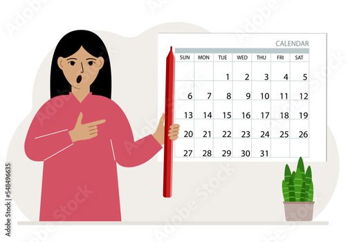 A woman with a pencil in his hand creates a calendar. Planning and time management, responsible employee plans meetings and events.