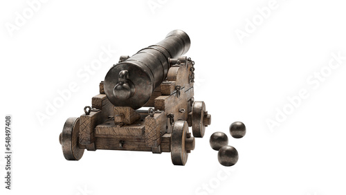 Obraz na plátně Ancient cannon on wheels with cannonballs isolated on white background with clip