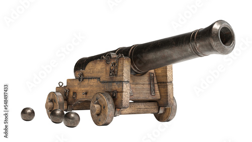 Leinwand Poster Ancient cannon on wheels with cannonballs isolated on white background with clip