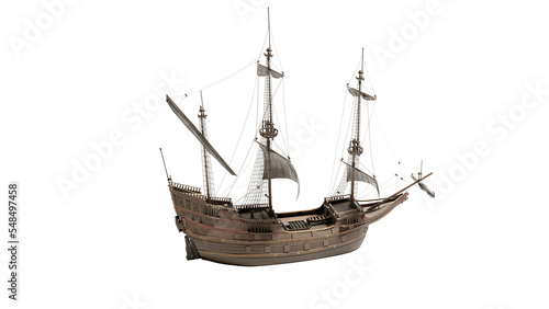 Fotografie, Obraz Wooden sailboat sails steampunk fantastic wooden Dutch ship in the style of engraving