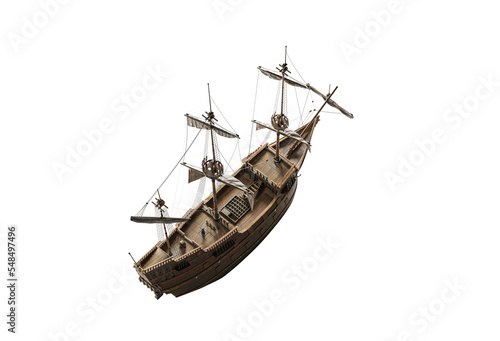 Top view of wooden sailboat sails steampunk fantastic wooden Dutch ship in the style of engraving. Isolated On White background with clipping path.