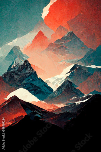 Abstract art. Colorful painting art of a mountain range. Background illustration. Digital art image.
