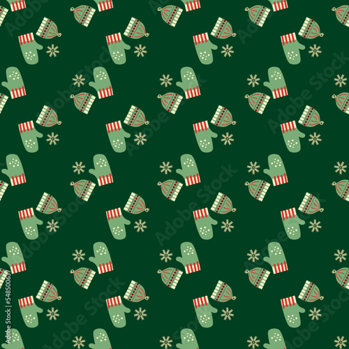 Winter clothes, hats, gloves seamless vector pattern. Hand drawn cozy and wooly mitten caps. Knitted wool winter wear background. Fun festive cold season repeat all over print.