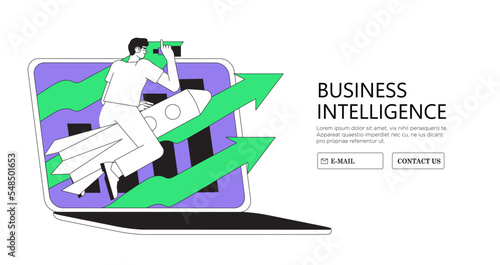 Business training online courses concept for web banner, infographics, advertisement. Character vector illustration. Business school study internet programs in management, entrepreneurship, analytics.