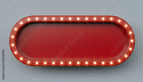 Red retro billboard in oval shape with glowing neon lights - 3D Rendering