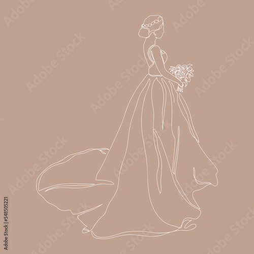The bride holding the bouquet draws a continuous line.The silhouette of the bride in one line, side view, dressed in a wedding dress.