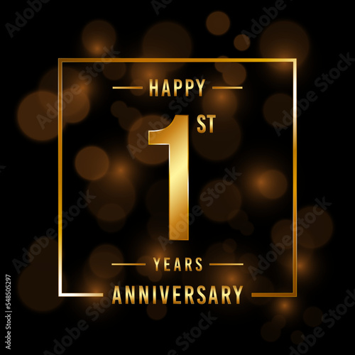 1st Anniversary. Anniversary template design with golden font for celebration events, weddings, invitations and greeting cards. Vector illustration
