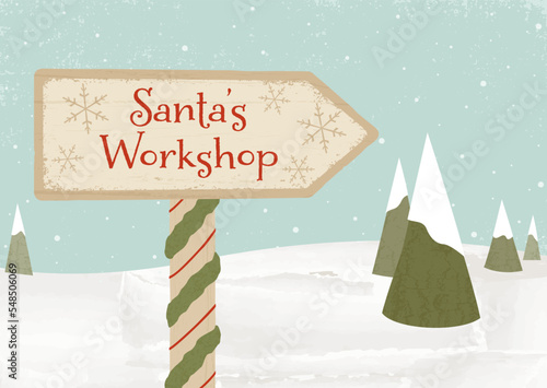  A Santa's workshop wooden sign in the snow, in a cut paper style with textures
