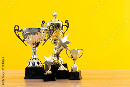 Obraz na plátně Group of trophies on wooden table