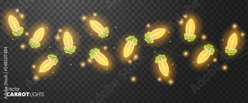 Christmas garland with bulbs in the form of a carrot. Festive luminous decoration on a transparent background. Modern creative backlight