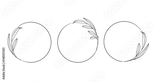 Line art Flowers Frame on white background. Eucaliptus wreath outline. Circle border vector