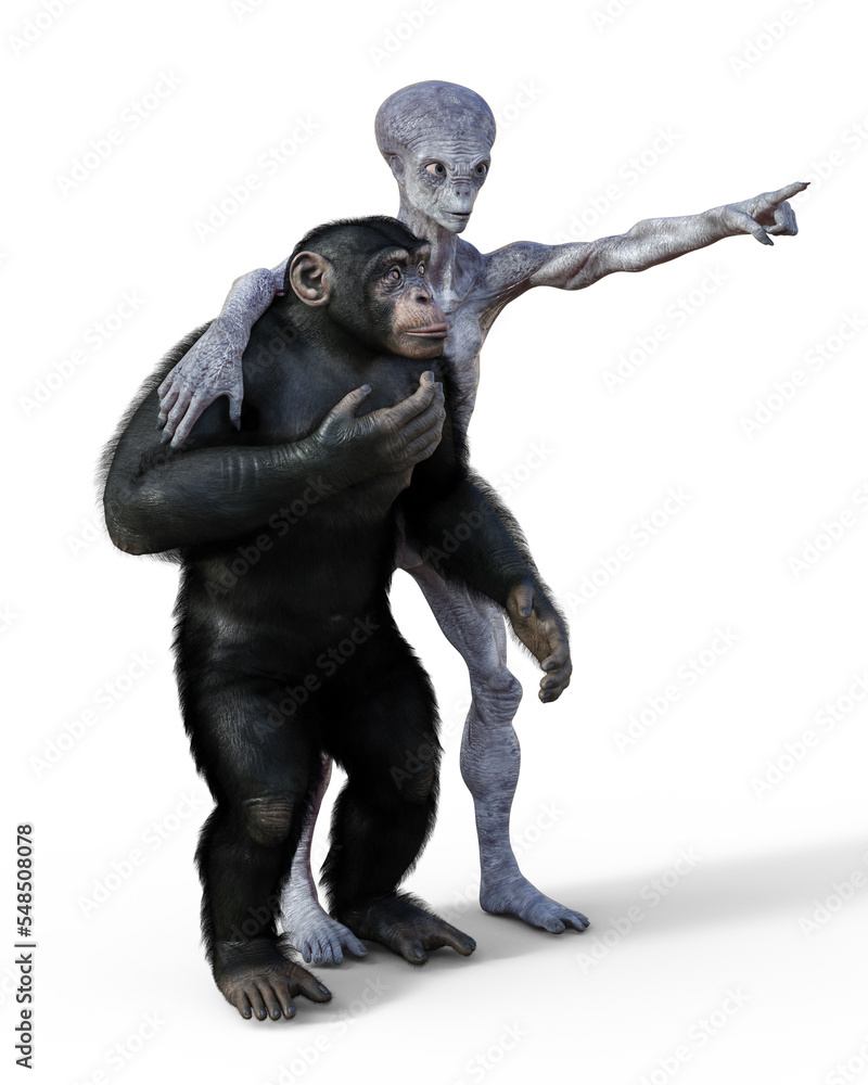 Humanoid alien and chimpanzee monkey
