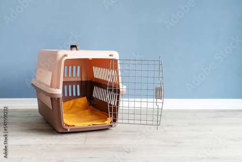 Opened plastic pet carrier or pet cage on the floor at home, copy space