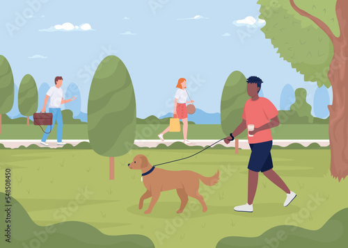 Man walking dog in summer park flat color vector illustration. People in public place. Spending time in city garden. Fully editable 2D simple cartoon characters with landscape on background