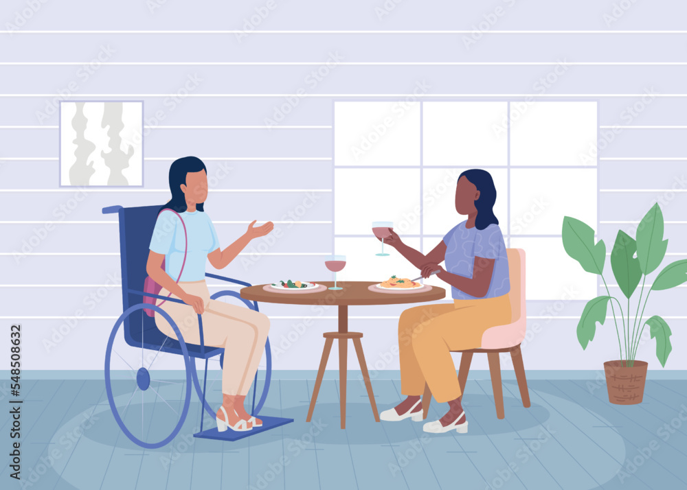 Disabled woman having dinner with friend flat color vector illustration. Inclusion and diversity in everyday life. Fully editable 2D simple cartoon characters with restaurant on background Disabled woman having dinner with friend flat color vector illustration. Inclusion and diversity in everyday life. Fully editable 2D simple cartoon characters with restaurant on background