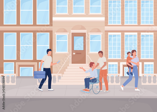 Citizens on town street flat color vector illustration. Woman in wheelchair with friend in city. Inclusion in urban lifestyle. Fully editable 2D simple cartoon characters with cityscape on background