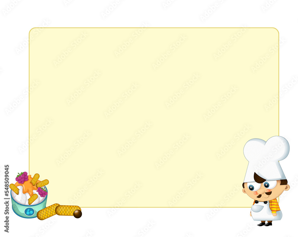 Cartoon happy scene with cook standing and watching on sweets - with space for text - illustration for children Cartoon happy scene with cook standing and watching on sweets - with space for text - illustration for children