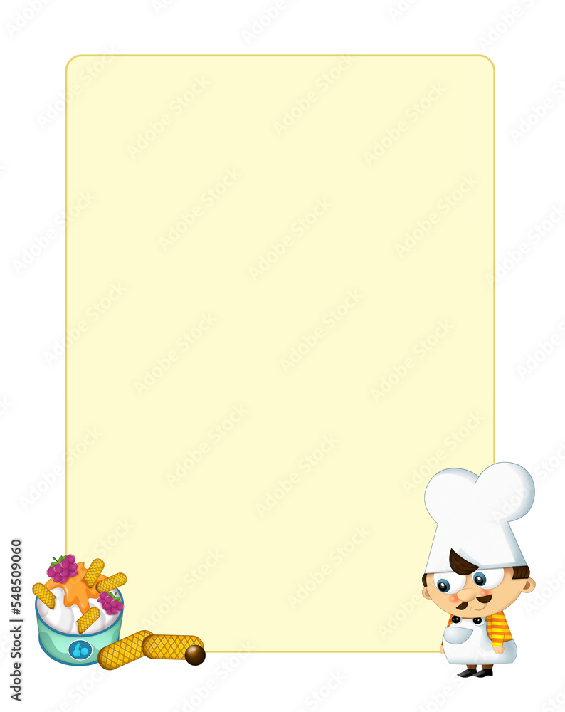 Cartoon happy scene with cook standing and watching on sweets - with space for text - illustration for children Cartoon happy scene with cook standing and watching on sweets - with space for text - illustration for children