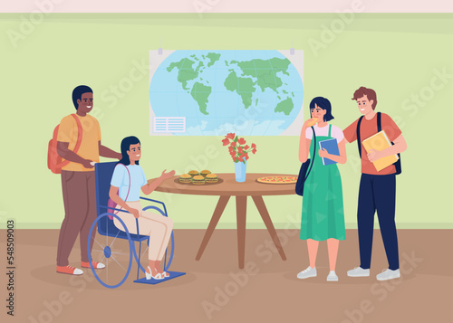 Disabled woman with groupmates in canteen flat color vector illustration. Inclusion in education. Equity program. Fully editable 2D simple cartoon characters with college cafe on background