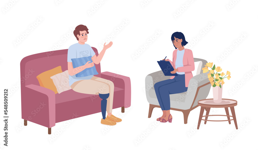 Disabled patient at psychotherapy semi flat color vector characters. Editable figures. Full body people on white. Medicine simple cartoon style illustrations for web graphic design and animation