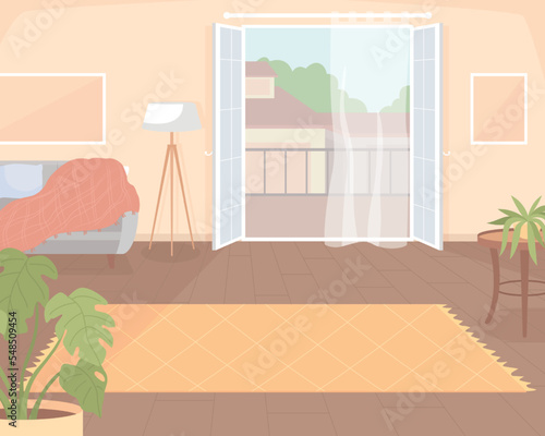 Elegant living room flat color vector illustration. Stylish carpet near balcony. Furnished apartment for rent. Fully editable 2D simple cartoon interior with city street on background