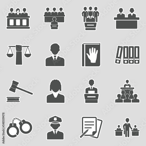 Legal, Court And Justice Icons. Sticker Design. Vector Illustration.