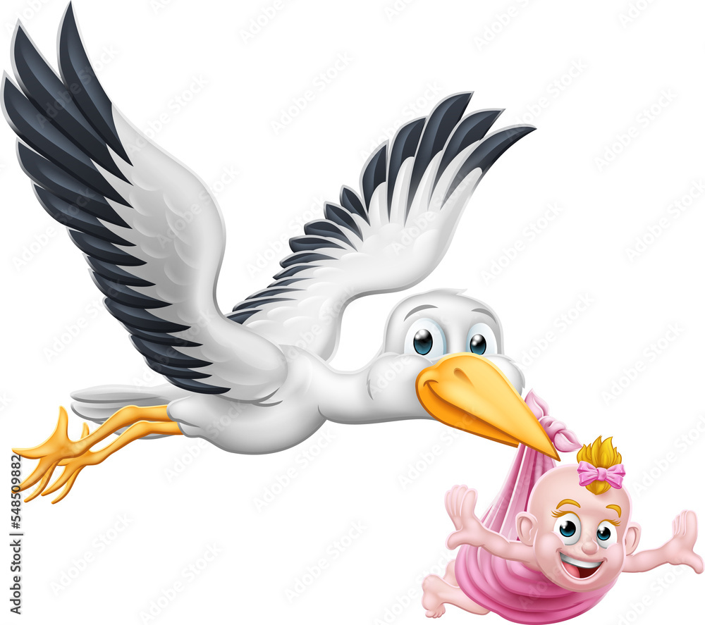 Naklejka premium Stork Cartoon Pregnancy Myth Bird With Baby