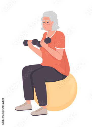 Elderly woman exercising semi flat color vector character. Editable figure. Full body person on white. Workout for wellbeing simple cartoon style illustration for web graphic design and animation