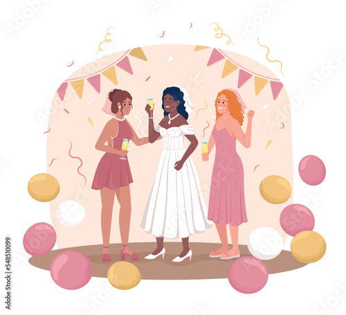 Pre wedding party for bride 2D vector isolated illustration. Wife-to-be with bridesmaids flat characters on cartoon background. Colourful editable scene for mobile, website, presentation