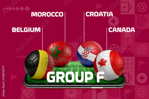 Qatarian 2022 Group stage table with 3d rendering of soccer-football ball illustrations, with national flag design photo