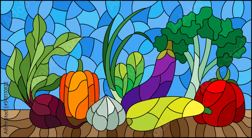 An illustration in the style of a stained glass window with a composition of ripe fresh vegetables on a table on a blue background